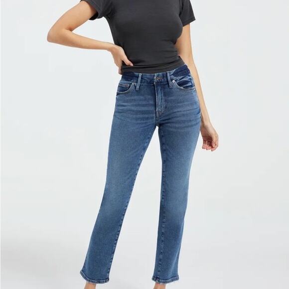 Good American Good Legs Raw Hem Straight Jeans Womens 37 Stretch Denim Dark Wash - Picture 1 of 5